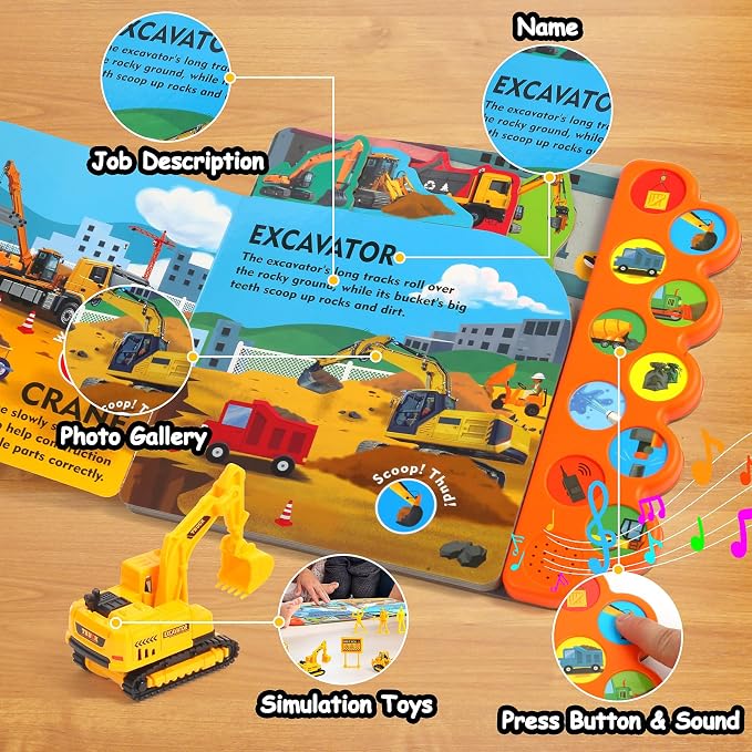 iGRATENS Construction Toys with Sound Books - Dig It! Dump It! Build It! | Construction Board Book with 10 Buttons & 20pcs Toys, Realistic Sound, Exquisite Illustrations, Great for Little Truck Lovers