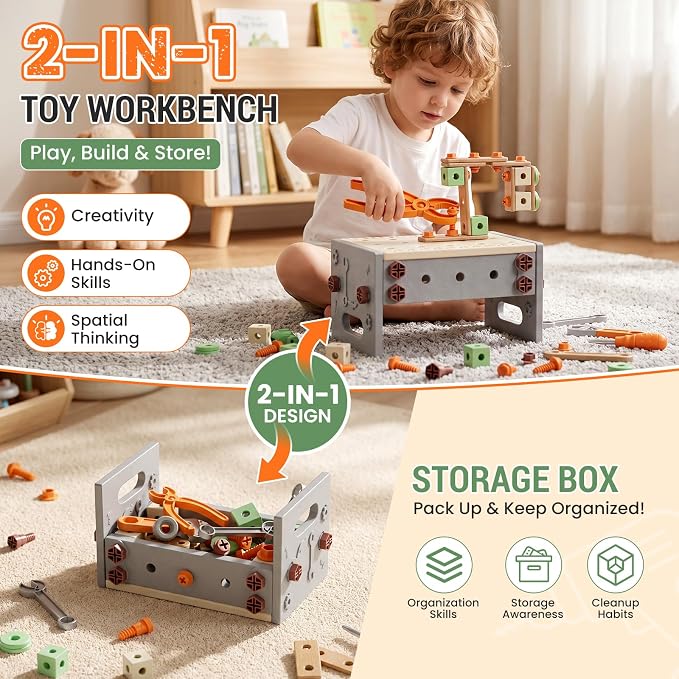 CUTE STONE 200PCS Toddler Tool Set with Electric Toy Drill | STEM Construction Building Toy, 2-in-1 Tool Bench & Storage Box, Montessori Pretend Play Gift for Kids Boys Girls Ages 3-6