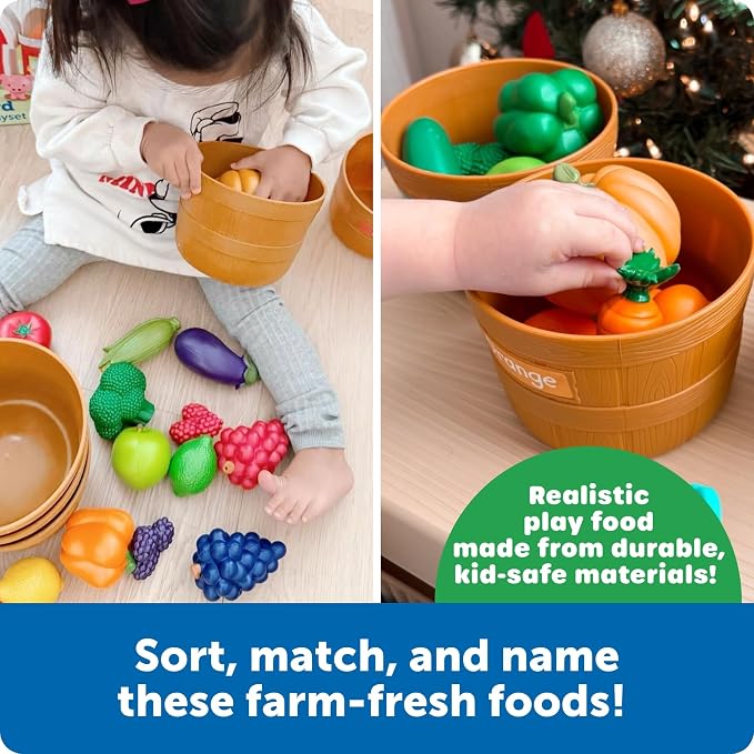 Learning Resources Farmer's Market Color Sorting Set | Pretend Play Food Sets for Kids Kitchen, Color Sorting Toys, Plastic Fruit and Vegetable Toy for Kids Kitchen Set
