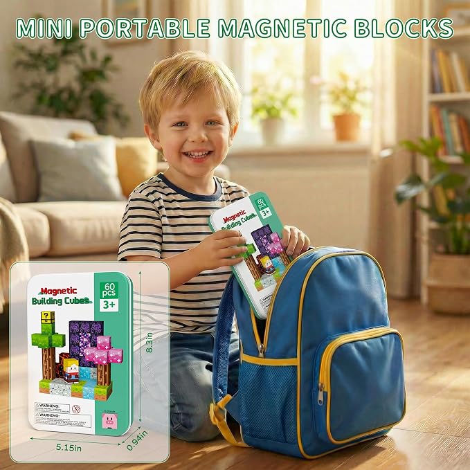 Mini Magnetic Blocks Travel Set 60PCS Building Cubes for Kids with Case | Travel Toys for Kids 4-8 Toddler , Airplane Car Road Trip Essentials, STEM Learning Toy, Gift for Boys and Girls