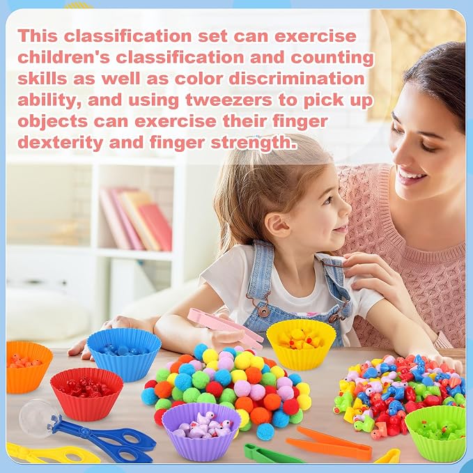 228 Pcs Colorful Sensory Bin Filler Fine Motor Toys Counting Sorting | 120Pcs Pom Pom 90Pcs Mini Resin Duck 12Pcs Sorting Cups 4Pcs Tweezers 2Pcs Scissors Clips for Preschool Early Education
