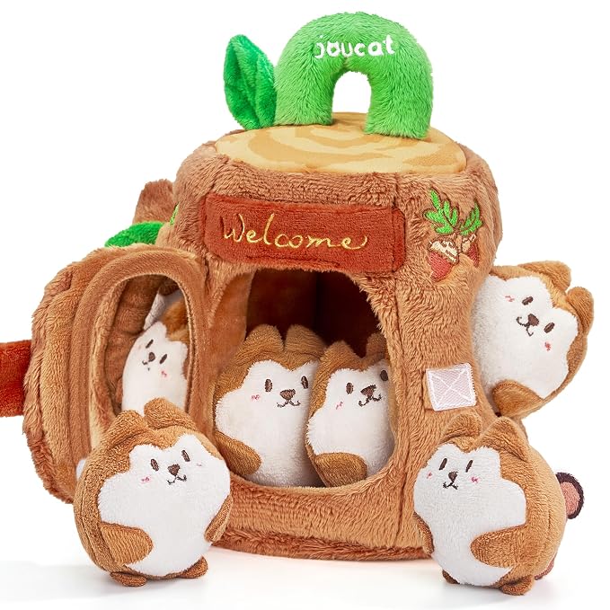 JoyCat Baby Toys 6-12 Months, Soft Treehouse 5 Sensory Squirrels, Rattle | Soft treehouse with 5 sensory squirrels offers rattle, crinkle, squeak and mirror play for baby exploration and learning.