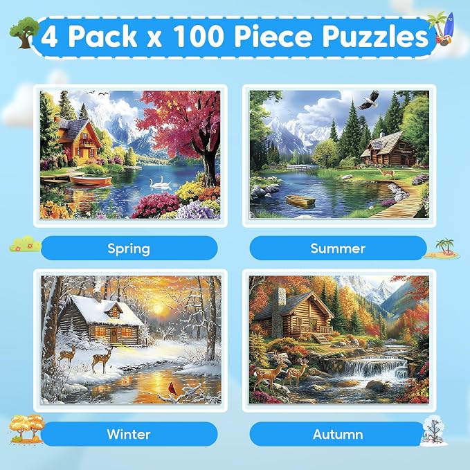 4-Pack 100 Piece Puzzles for Adults 4 Seasons Country Cottages