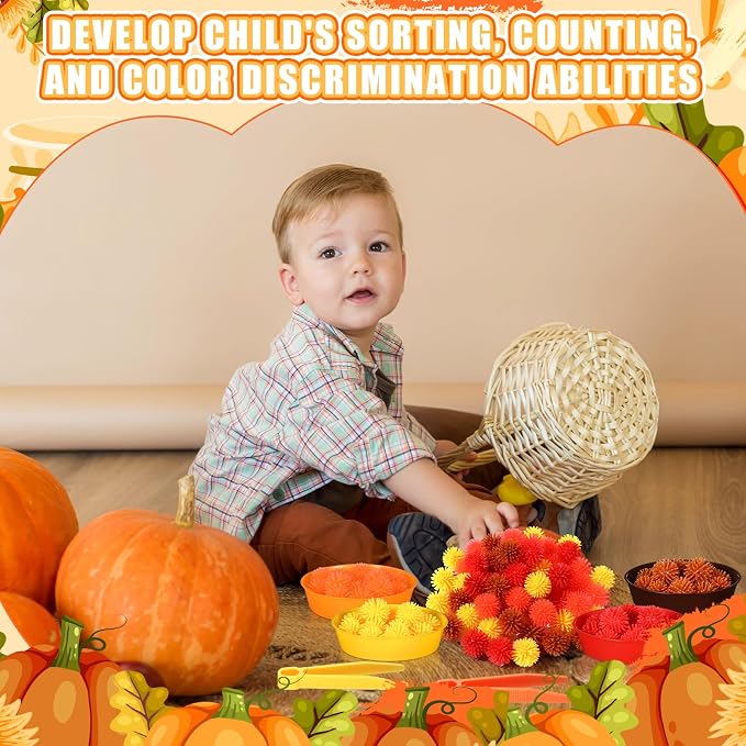 Leitee 71 Pcs Sensory Bin Filler,Orange,Autumn | Hedge Balls Tweezers Clips Cups, Fine Skills Toys Set for Kids Counting Sorting, Sensory Bin Tools Preschool Learning