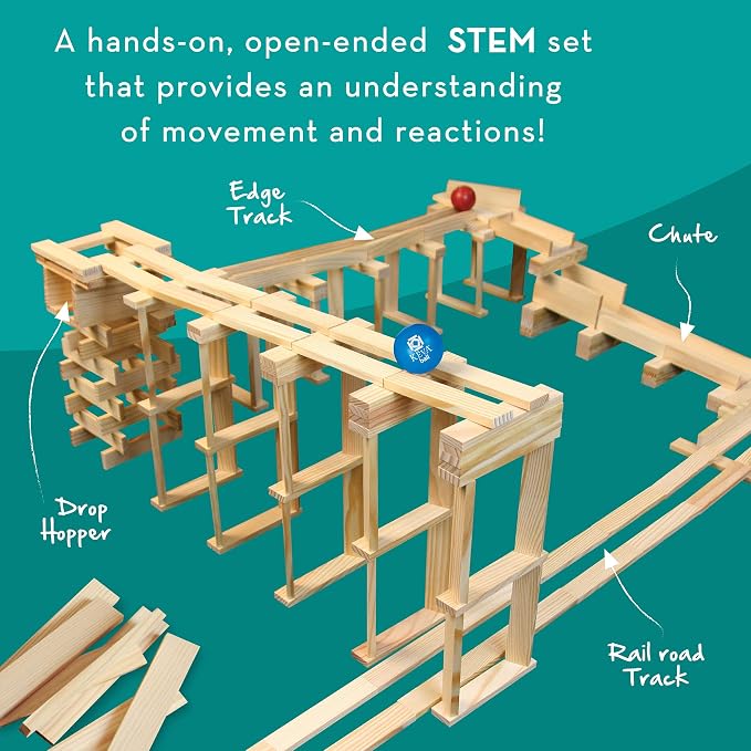 MindWare KEVA Contraptions, Wooden Blocks Building Set, Marble Run Kit, Includes 2 Balls - 200 Planks | Build and rebuild endless designs with 200 wooden planks. Includes 2 balls and 1 idea book with project photos.