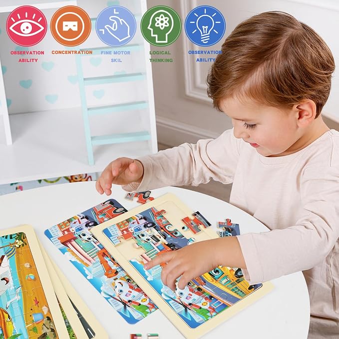 Wooden Puzzles for Kids Ages 4-6, 24 Piece Vehicle Car Construction Jigsaw Puzzles 4 Packs, Preschool Toddlers Learning Activity Puzzles Toys for Boys Girls 3 4 5 6 Years Old