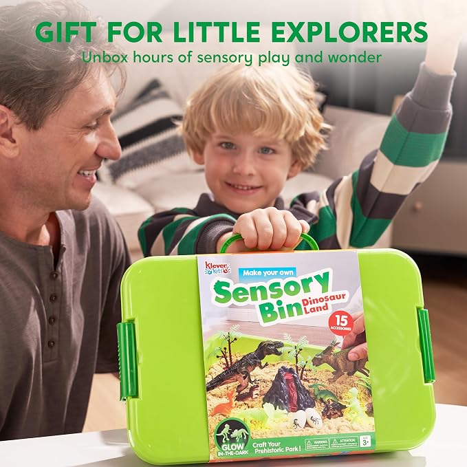 JOVA Klever Kits Dinosaurs Sensory Bin Toys for Kids with Glow in The Dark Dinosaurs, Sandbox with Lid Sand, Preschool Learning Activities Gifts for Boys Girls Age 3+
