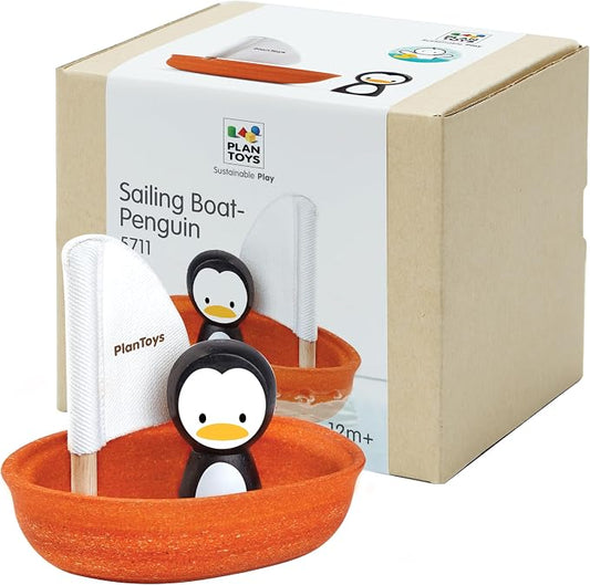 PlanToys® Wooden Penguin Sailing Boat Bath Toy for Toddlers, Montessori | wooden penguin sailing boat, montessori floating bath toy, water play, bathtub pool water table, kids toddlers imaginative pl