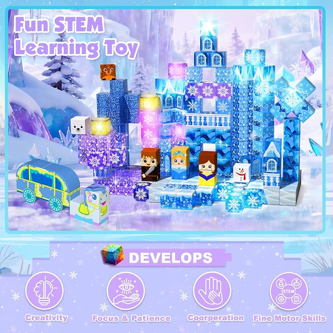 200 PCS Light Up Magnetic Blocks, Transparent Magnetic Building Block for Blue Snow Princess Castle, Frozen Magnet Cubes STEM Toys for Girls Age 3 4 5 6 7 8 9 10 11 12 13 Birthdays Gift for Kids
