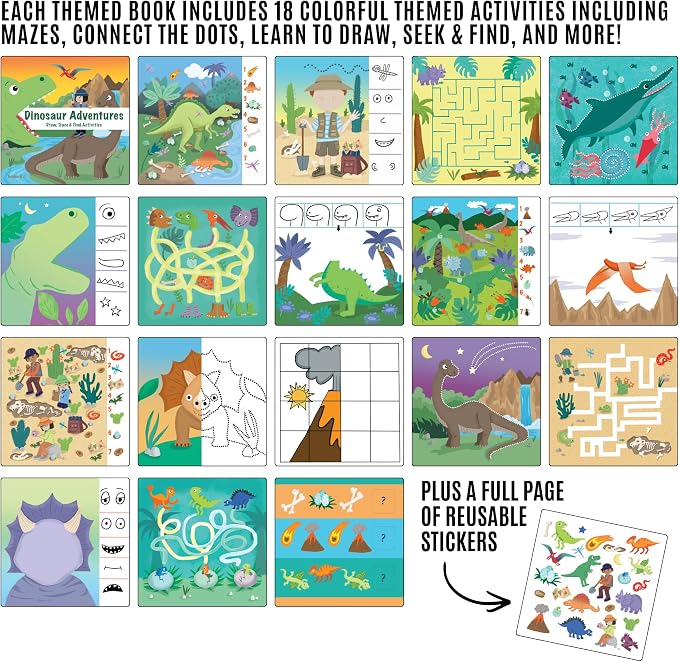 Totebook Dry Erase Activity Book for Kids - 18 Erasable Learning Games with Markers & Reusable Stickers, Travel Activities for Ages 4-6, Fits Case (Dinosaur Theme)