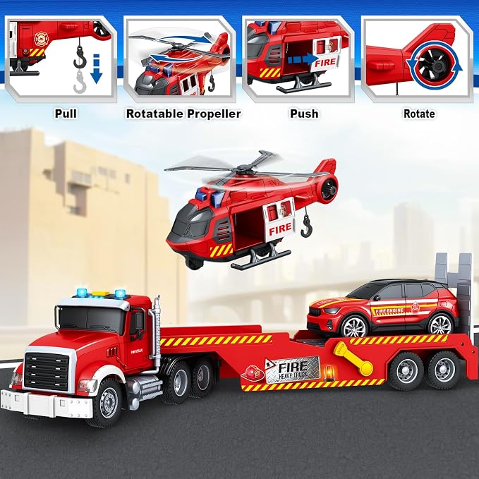 Bstoyder Toddler Boy Toys for 3 4 5 6 7 Years Old Kids, 21" Semi Fire Truck Toy with Racing Car and Helicopter, Friction Powered Toys with Lights and Sounds, Birthday for Boy Girls