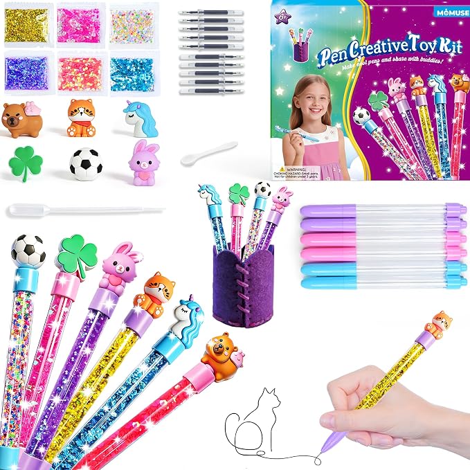 MOMUSE DIY Pen Making Kit for Kids Girls 6-12, Pen Creator Studio Craft Kit | Sewing Your Own Pen Holder, Make 6 Sparkly Glitter Pens, Girls Tweens Birthday Gift, Mess-Free