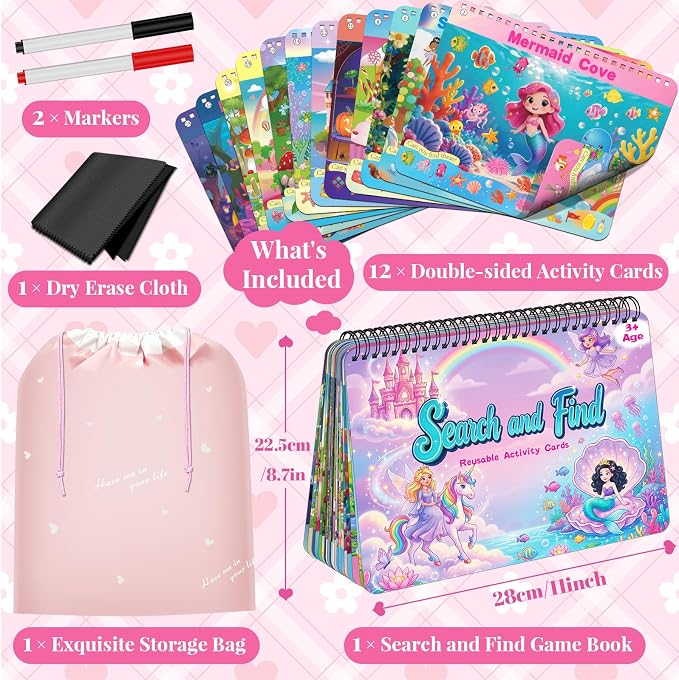 Elfew Search and Find Reusable Activity Book for Girls 3-5, 4-8 | 24 Unique Themed, With 2 Markers, Wipe Cloth & Storage Pouch, Quiet Travel Toy Gift for Toddler Kids 3-8