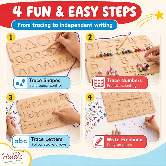 Learn to Write: Wooden Letter Tracing Board Set Ages 3-5 | Deep Grooved Handwriting Practice, Montessori toys for 3+ year old, alphabet and number tracing set with arrows