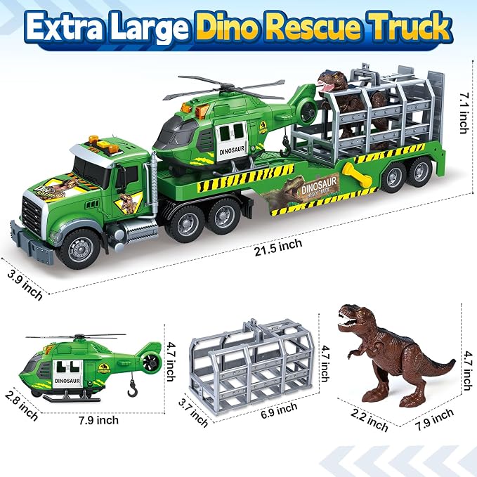 Bstoyder Toddler Boy Toys for 3 4 5 6 7 Years Kids, 21" Semi Flatbed Truck Toy with a Dinosaure Truck, Friction Powered Vehicles Toys with Lights and Sounds, Birthday for Boy Girls