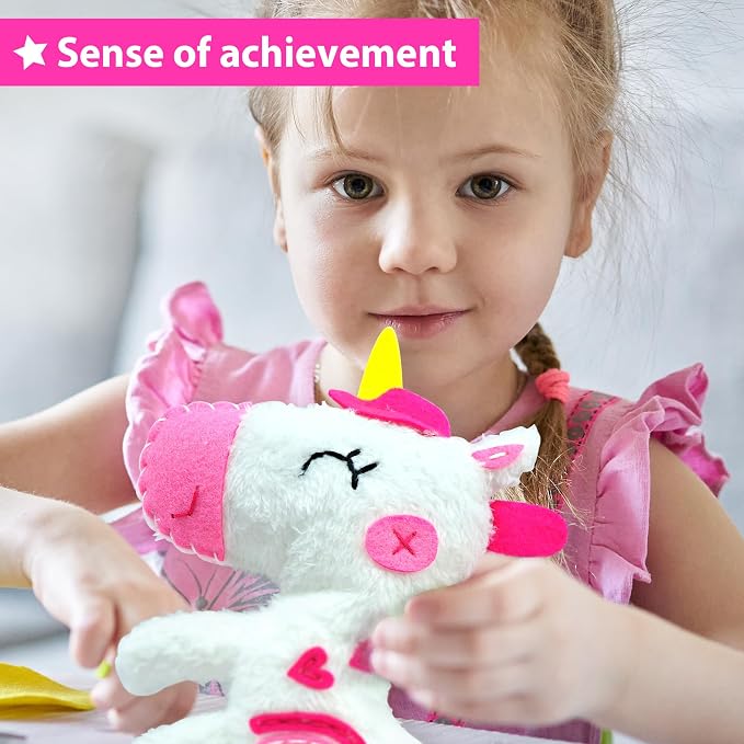 KRAFUN Unicorn Sewing Kit for Kids Ages 8-12 | No Scissors | Pre-cut & pre-punched felt, no glue needed. Child-safe needle. Sew your own unicorn plush. Beginner craft gift for girls
