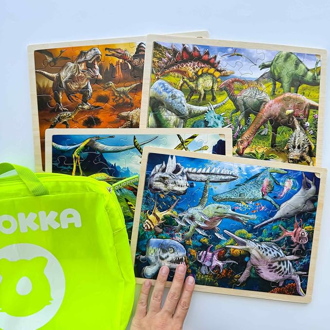 QUOKKA 4SET Puzzles for Kids Ages 4-6 - 36 Pcs Wooden Toddler Realistic Montessori Puzzles Ages 3-5 - Land, Sea, Desert, and Sky Dinosaurs Learning Games for Boys and Girls 4-8 Year Olds