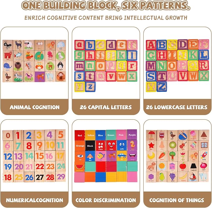 Wooden ABC Building Blocks for Toddlers,30 PCS Montessori Alphabet & Number Learning Toy with Matching Cards, Preschool Educational Toy for Stacking, Counting, Sensory Play, Gifts for Kids Boys Girls