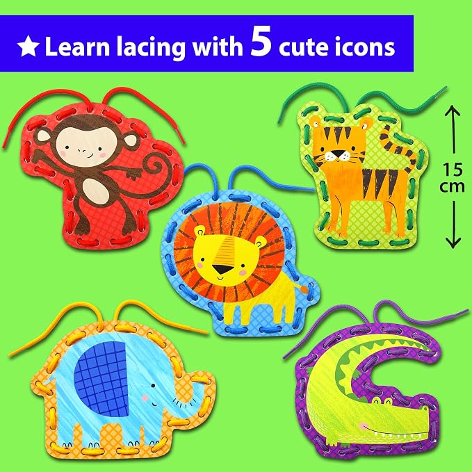 KRAFUN Safari Animal Beginner Lacing Cards Age 3+ | 5 Projects | 5 safari cards: Lion, Monkey, Elephant, Tiger & Crocodile. Builds fine motor skills. Beginner activity ages 3+