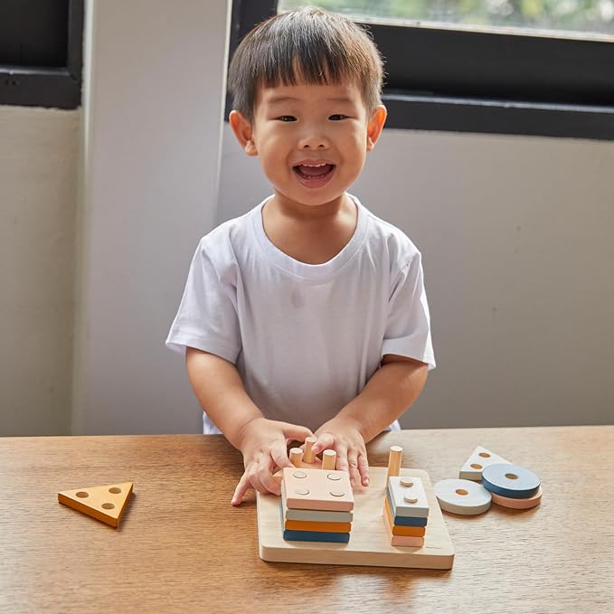 PlanToys® Geometric Sorting Board Orchard Shade, Montessori Kids Shape Toy | geometric sorting board orchard shade, montessori shape size colour learning, fine motor problem solving activity, kids toy