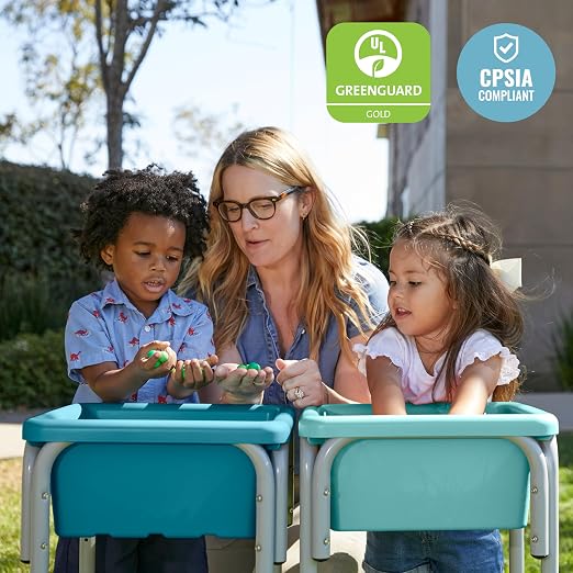 ECR4Kids 2-Station Sand and Water Adjustable Play Table, Sensory Bins, Seafoam/Turquoise | Durable plastic/steel, GREENGUARD Gold Certified, 3-5 years, 80 lb capacity, adjustable legs, easy-lift lids, indoor/outdoor
