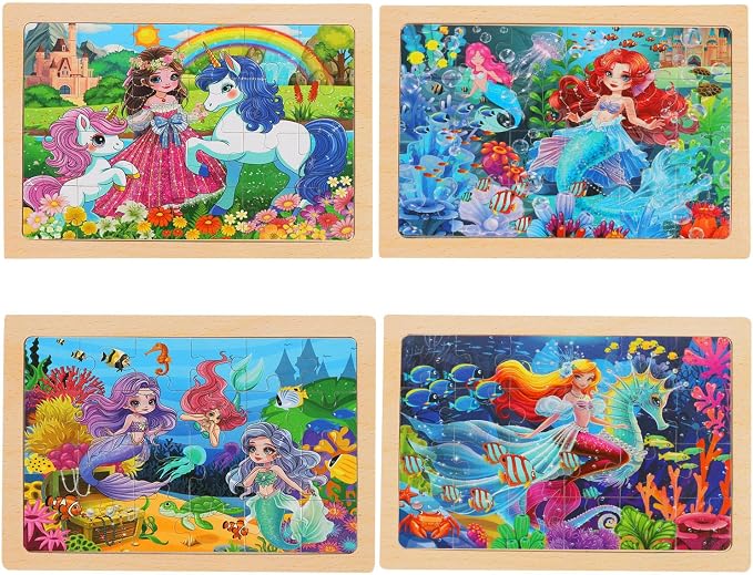 Puzzles for Kids Ages 4-6, 4-Pack 24-Piece Wooden Kids Puzzles | Unicorn, Mermaid & Princess Themes | Educational Puzzles for Kids Ages 3-5, Age-Appropriate Learning Toys, Ages 3+