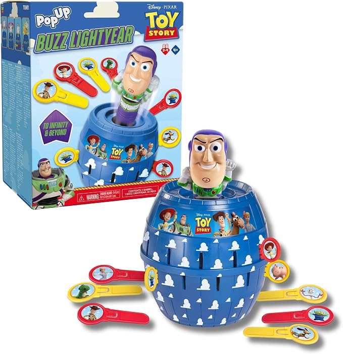 TOMY Pop Up Buzz Lightyear Game, Toy Story Action Game for Kids, Funny jousting game with sticks, Disney Pixar Buzz Lightyear Family Game, Quick Response Game for 2-4 Players, Ages 4+