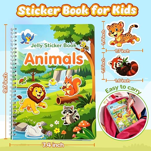 Jelly Animal Sticker Book Airplane Roadtrip Travel Toy for Kid 3-5 Year Old | Car Activities for Toddlers Reusable Sticker Scene Book Preschool Classroom Stickers Waterproof Activity Book for Toddlers