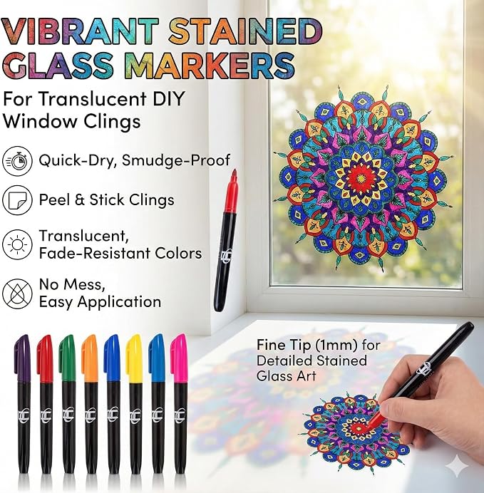 Hula Home Stained Glass Mandala Art Kit - DIY Window Clings with Markers, 10 Suncatchers - Perfect Hobby for Adults, Kids, Teens & Seniors - Ideal Gift for Beginners, Women & Elderly