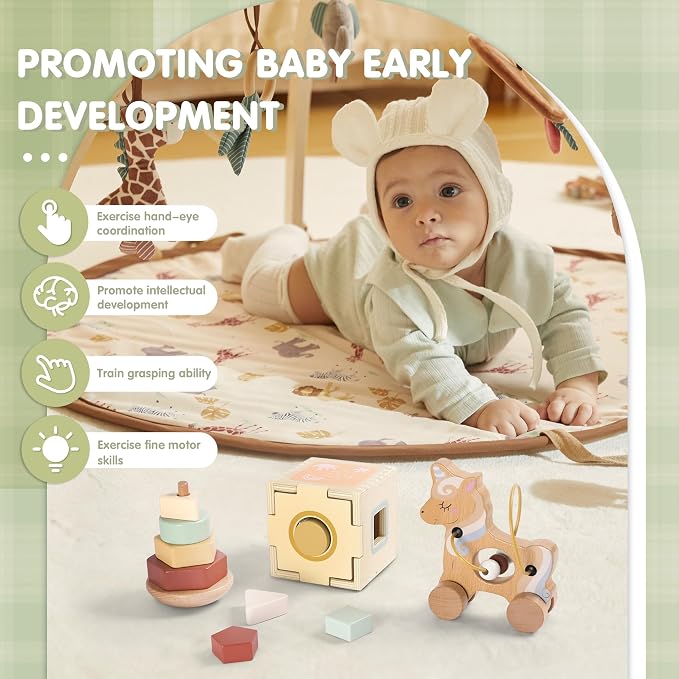 FReniland Montessori Toys for 1 Year Old，3-in-1 Wooden Baby Toys，Wooden Stacking Toy，Toddler Shape Sorting Cube, Unicorn Ring Toy