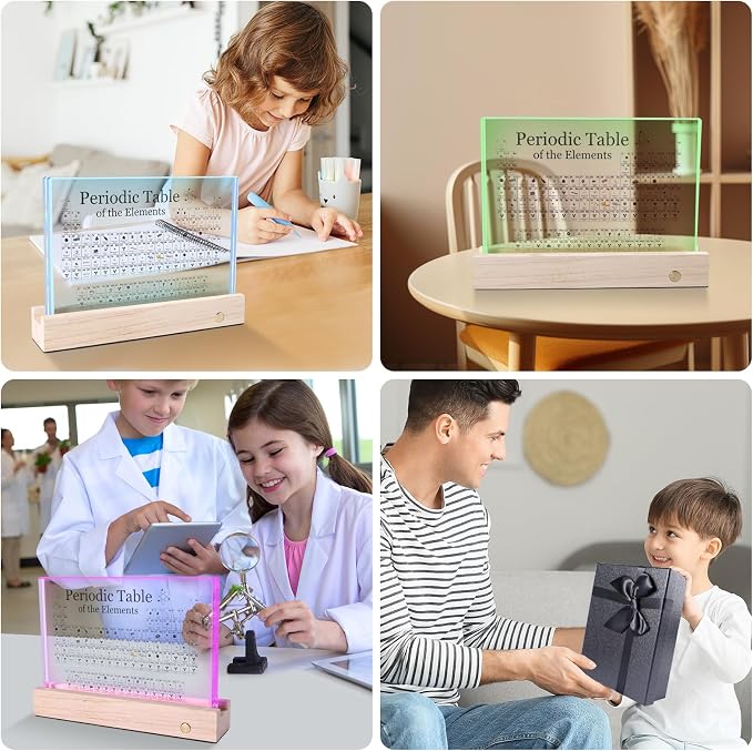 Rafecs Periodic Table with Real Elements Inside, Large Acrylic Periodic Table with Cordless LED Wooden Stand and Magnifier, Chemistry Gifts for Students, Kids, Teacher and Science Lovers