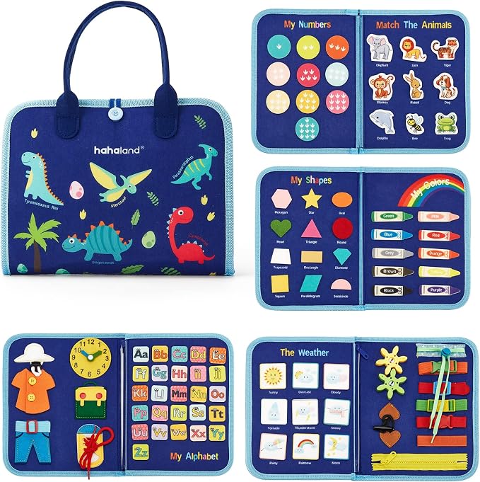 hahaland Montessori Busy Board for Toddlers, Preschool Learning Activities | Life Skills, Alphabet, Number, Shape, Color, Animal, Weather, Toddler Boy Learning Educational Busy Book Airplane Travel Toy