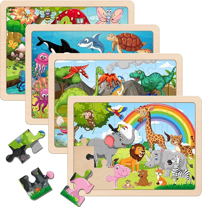 Wooden Puzzles for Kids Ages 3-5 4-6, 24 Piece Animals Puzzles Wooden Toys | 4 Pack Montessori Toddler Jigsaw Puzzles for Girl boy 3 4 5 6 Years Old,Preschool Learning Educational Birthday Gift Travel