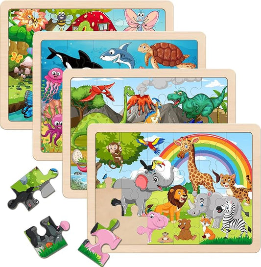 Wooden Puzzles for Kids Ages 3-5 4-6, 24 Piece Animals Puzzles Wooden Toys | 4 Pack Montessori Toddler Jigsaw Puzzles for Girl boy 3 4 5 6 Years Old,Preschool Learning Educational Birthday Gift Travel