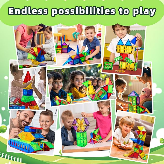 Magnetic Tiles Kids Magnetic Blocks 32PCS Building Sets for Kids Ages 3+ | Magnetic Blocks Sensory Montessori Toys Set All Pieces with Magnets, Ideal STEM Educational Construction Gifts