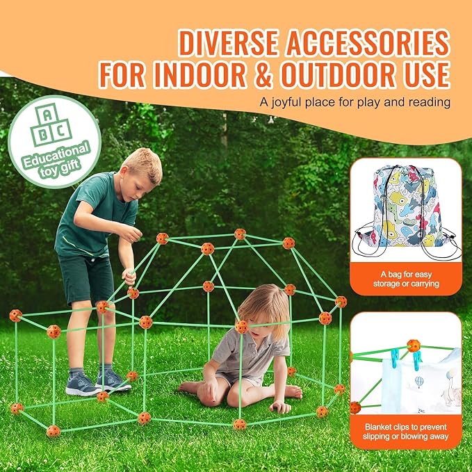 VEVOR Fort Building Kit for Kids, 140PCS Glow in The Dark STEM Building Toys, Educational Gift for 4 5 6 7 8+ Year Old Boys & Girls Indoor Outdoor Kids Fort Building Kit with 96 Rods and 44 Balls