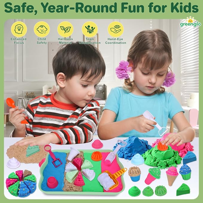 greenglo Kids Sensory Sand Playset - 2.2 LBS Colored Sand (1* Soft Magic, 3* Firm Modeling) with 23 Cake & Dessert Molds w Sensory Bin, Educational Sand Kit for Toddlers & Kids Ages 3-8