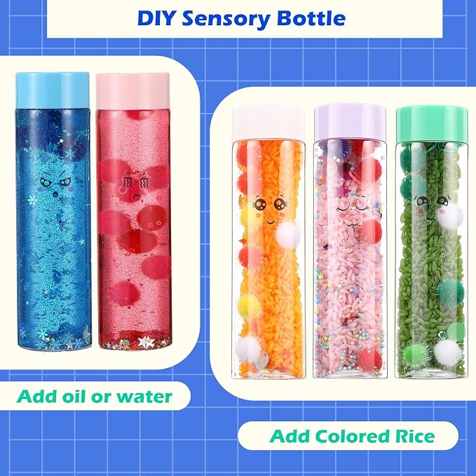 Baderke 10 Set Sensory Bottles Kits Valentine's Day Party Supplies Empty Plastic Bottles Funnel Rice Stars Sequins Clay Slices Stickers Glitter Powder Colored Foam Balls for DIY Art Fun Crafts
