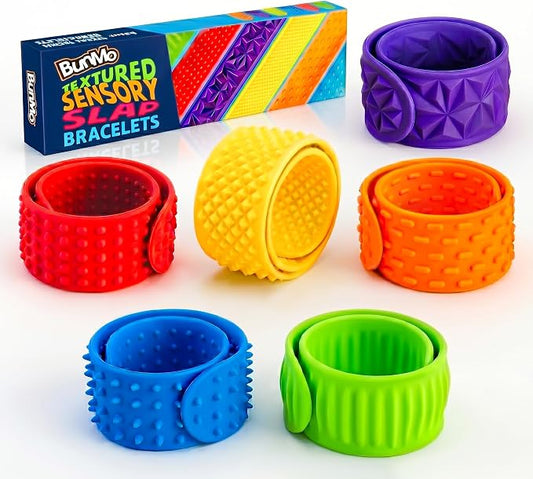 BUNMO Sensory Slap Bracelets for Toddlers 3+ – Stimulating & Addictive Textured Sensory Bracelet Fidget Toys for Boys & Girls, 6 Pack - Hours of Fun for Kids - Non-Mouthable Toy 3+