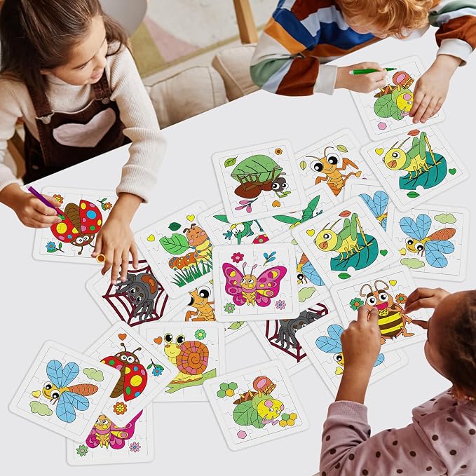 Cinrobiye 24 Pack Insect Coloring Jigsaw Craft Kit for Kids, DIY Bug Activity Set Bulk with 12 Designs, Butterfly Bee Ladybug Puzzle, Spring Party Favors, Classroom Art Projects
