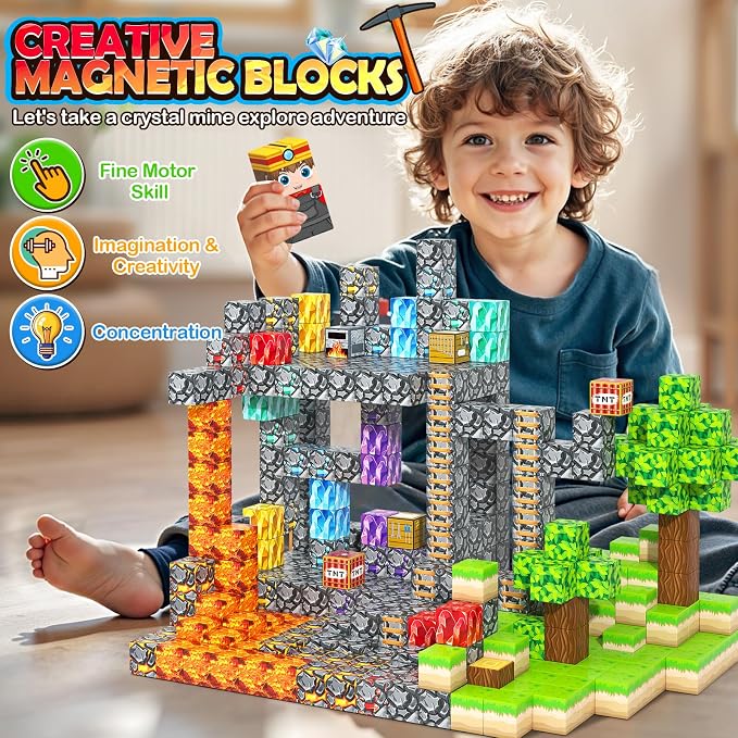 100PCS Magnetic Blocks Building Toys STEM Learning Magnet blocks(0.8") | Magnetic Toys for Kids Age 3-5 4-8 5-7 8-12, Gem Cave Mine Magnet World Craft, Birthday Gifts for for 3+ Years Old Boys Girls
