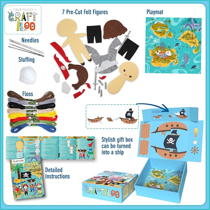 Pirates Sewing Kit for Kids Ages 8-12 - Pre-Cut Felt Pillow Plush Craft