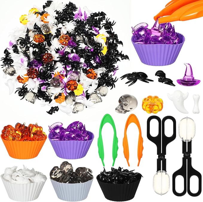 Jenaai 154 Pcs Halloween Sensory Bin Fillers Fine Motor Toys Sorting Games | Halloween Sensory Bin Counting Items, 2 Kids Tweezers 140 Spider Bat Skull Vase Fillers, 10 Sorting Cups 2 Scissor Clips