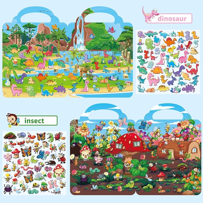 Kalysky 6 Set (260pcs) Reusable Sticker Books for Toddlers 1-3 2-4, Kids 3D Puffy Stickers (Dinosaurs, Forest, Town, Pets, Construction, Insects), Sticker Activity Books