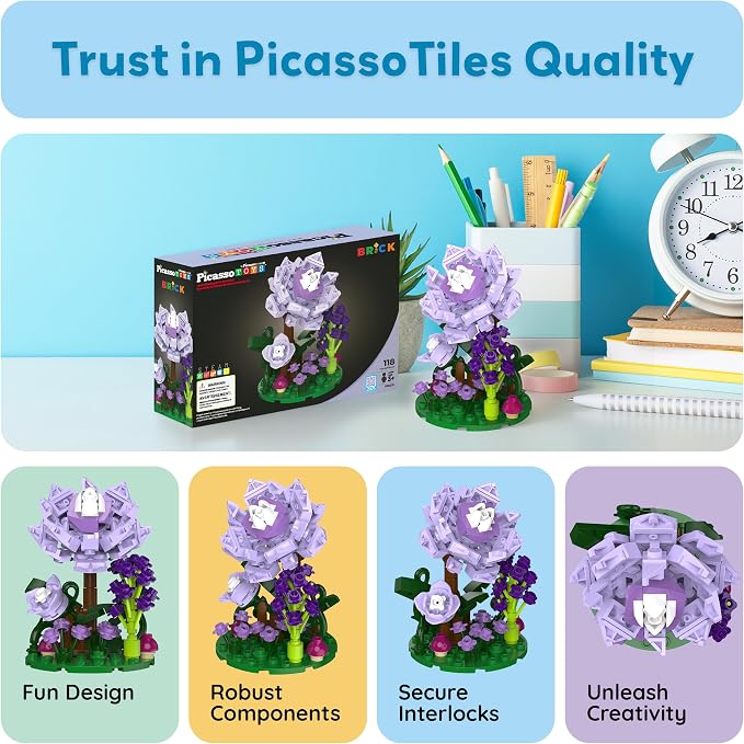 PicassoTiles 118pc Flower Garden Building Block Set STEM Educational Toy Kids Ages 3 and Up Creative DIY Floral Arrangement Construction Kit for Boys Girls Fun Learning Purple Dahlia Playset PBS221