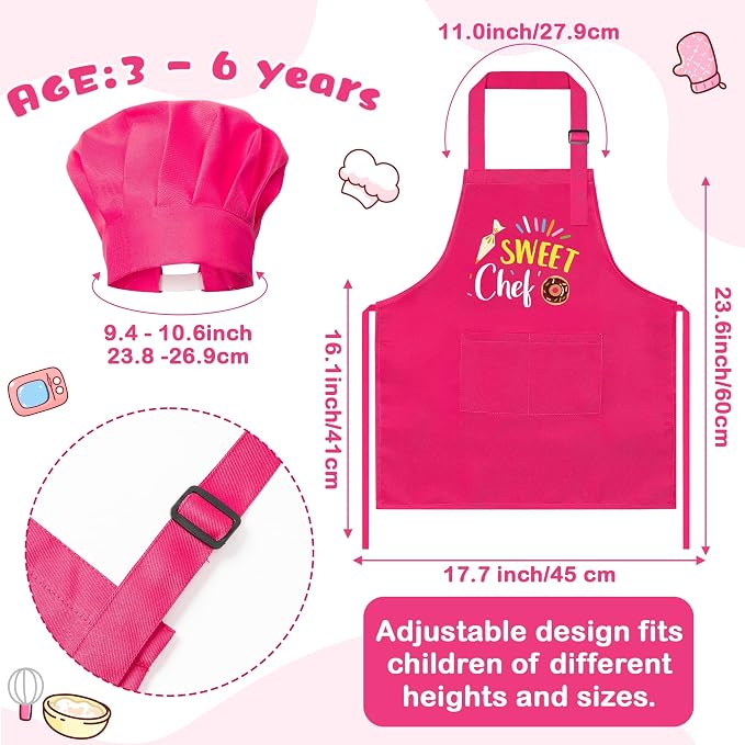R HORSE 2 Pieces Kid Apron and Chef Hat Set, Dress up Pretend Play Toy | Rose Red Sweet Chef Adjustable Children Kitchen Apron for Girl, Ideal for Cooking, Baking, Painting, Cooking Birthday Gift