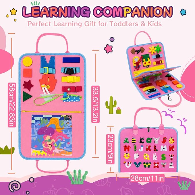 Montessori Busy Board for Toddlers 1-3, 4 Pages 15+ Activities Sensory Toy, ABC Numbers Colors Learning, Toddler Quiet Book Travel Toy, Preschool Educational Gift for Boys Girls, Pink Mermaid