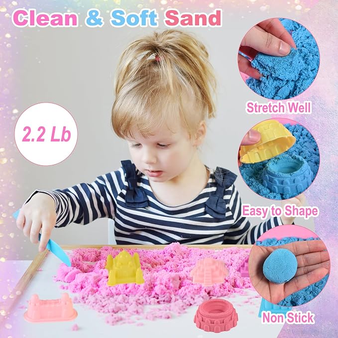 Faburo 48Pcs Unicorn Sensory Bin Sand Kit Toy for Toddler Girls 3 Unicorns | Unicorn Toys for Girls Age 4-6, 6 Castle Molds, 2.2Lbs Color Sand, Learning Toys Birthday Gift for Kids Age 3 4 5