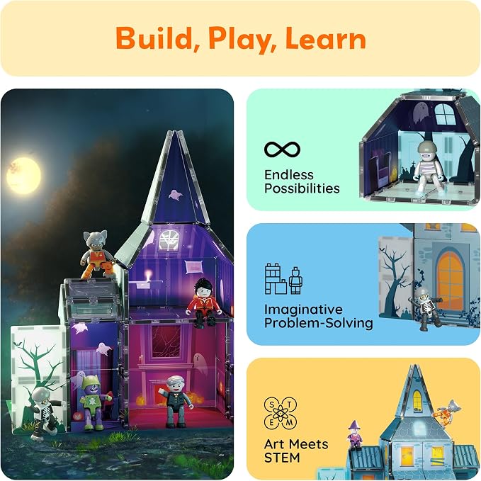 PicassoTiles 57 PCS Magnetic Tiles Halloween Haunted House STEM Set Ages 3+ | 8 action figures with rotating limbs, double-sided tile prints, doors and windows, creative storytelling playset, BPA-free