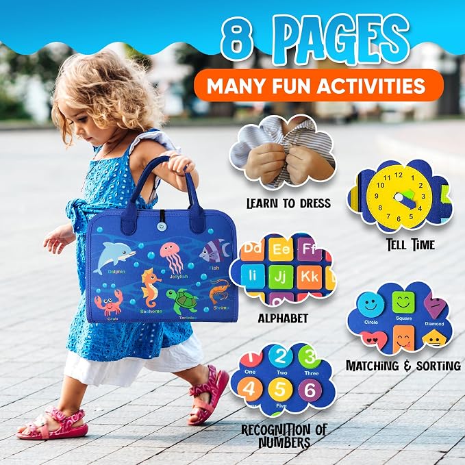 Montessori Busy Book for Toddlers 1-4 Years – Felt Quiet Book & Busy Board with 8 Pages, 21-in-1 Activities – Alphabet, Numbers, Colors, Shapes, Animals – Travel Toy for Boys & Girls